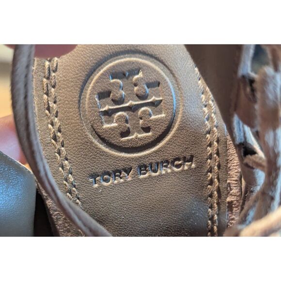 Tory Burch Light Gray Suede Fringe Lace-Up Heeled Sandals 8.5M Leather Sole - Picture 3 of 6